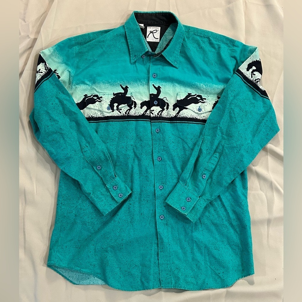 Vintage Roper Western Cowboy Horse Turquoise Button Up Long Sleeve - L